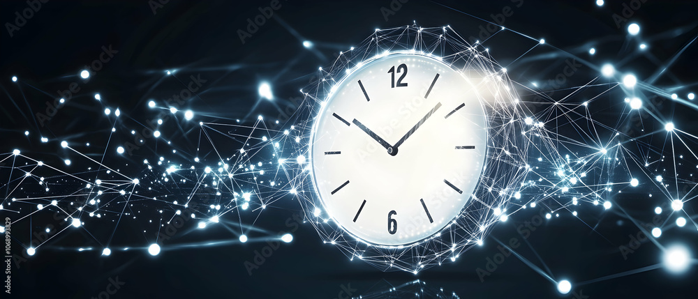 Poster clock face inside a glowing web of connected lines.