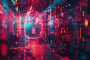 Fototapeta premium Cyber security lock glowing in dark red and blue cyberspace chip surface. Neural network ai generated art