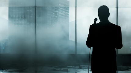 Fototapeta premium Journalist holding microphone in front of blank newspaper page, symbolizing the critical role of press freedom in society.