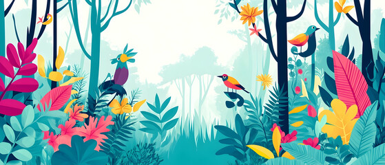 Obraz premium Colorful Birds and Lush Tropical Foliage in a Vibrant Jungle Landscape.