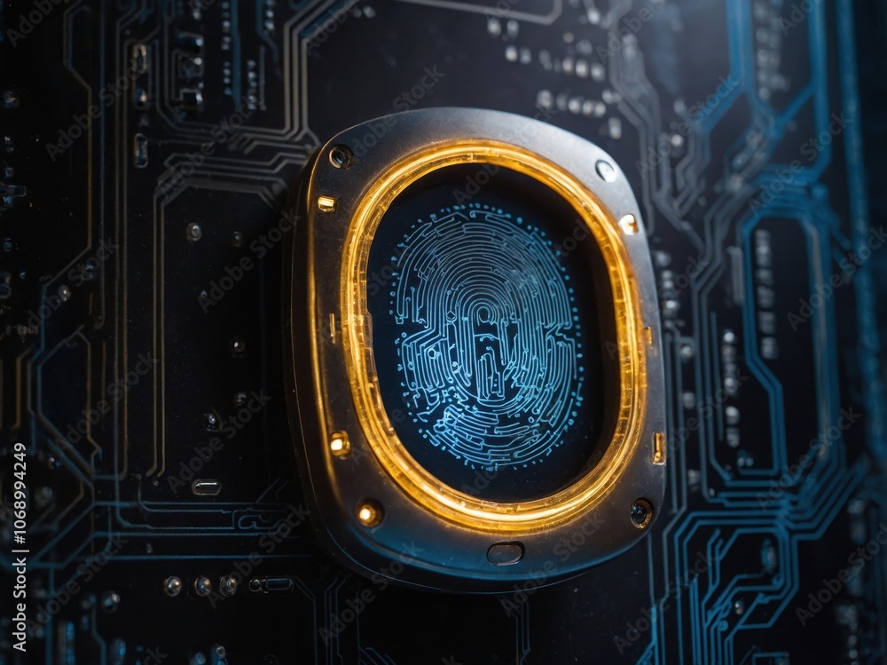 Poster macro shot of a high-tech biometric security scanner with detailed fingerprint recognition technolog
