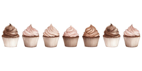 Row of chocolate cupcakes with light pink and brown swirled frosting, isolated on transparent background.