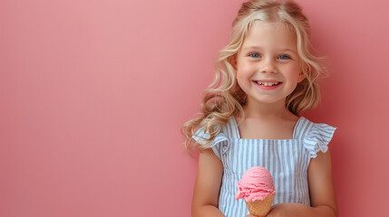 Smiling Blonde Girl in Striped Dress Holding Pink Ice Cream Cone Against Pink Background