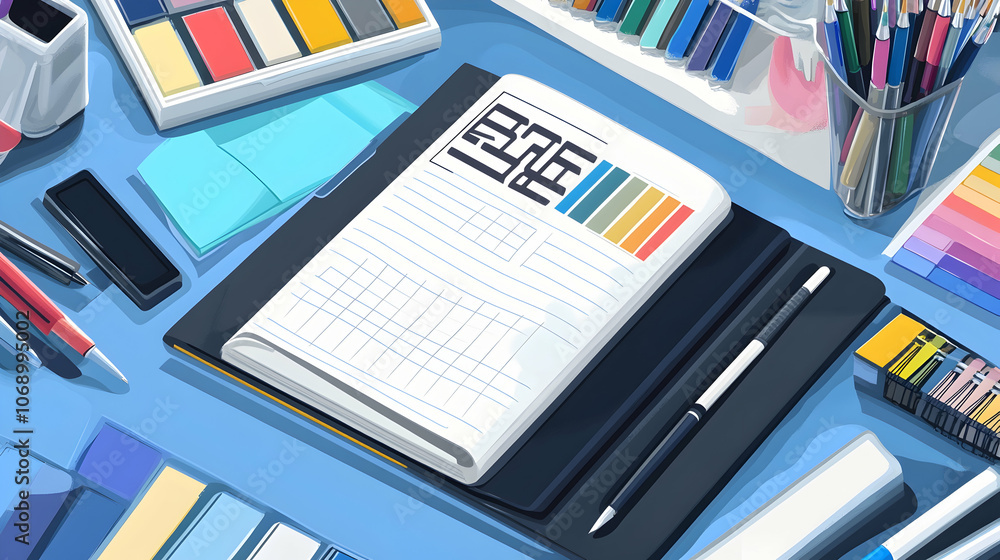 Aufkleber flat lay of an open notebook with a color chart on a blue desk.