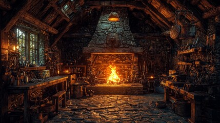 Obraz premium Explore the enchanting atmosphere of a rustic blacksmith workshop with a cozy fireplace