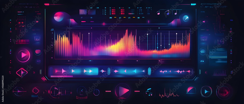 Poster futuristic audio mixer interface with colorful sound wave visualization.