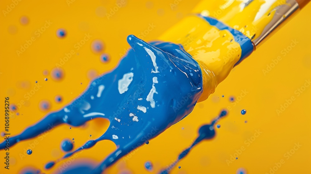 Poster vivid splashes of blue and yellow oil paint create a dynamic visual on a bright background during a 