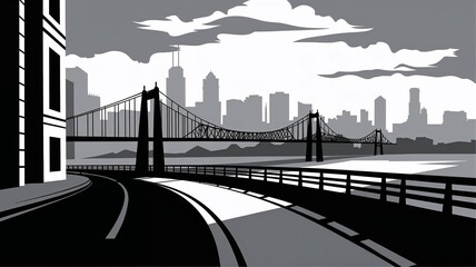 Stylized city skyline with a bridge in black and white illustration