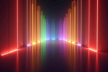 Abstract Neon Corridor with Reflective Floor and Multicolor Spectrum Light Columns in 3D Rendered Space