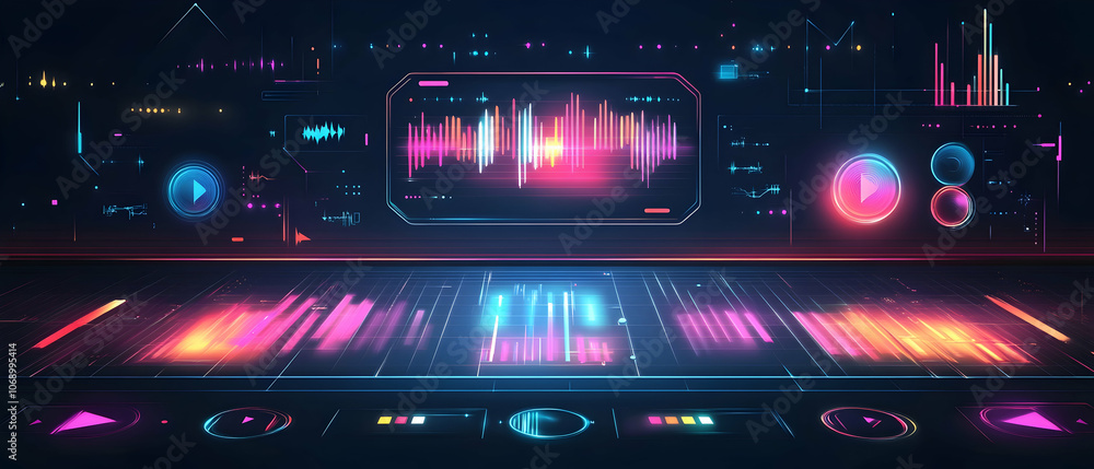 Poster futuristic digital interface with glowing audio waveform and colorful lines.