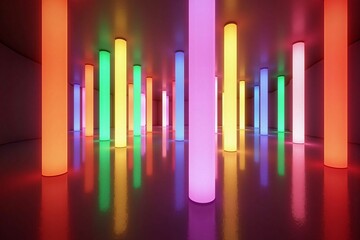 Obraz premium Abstract Neon Corridor with Reflective Floor and Multicolor Spectrum Light Columns in 3D Rendered Space