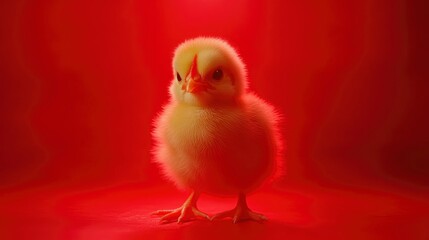 A Fluffy Yellow Chickling Standing on a Red Surface
