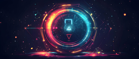 Obraz premium Futuristic glowing ring with colorful abstract shapes and lines on dark background.