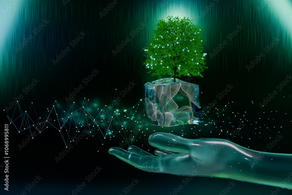 Poster a digital hand holds a glowing tree in a cube, symbolizing nature and technology. 3d rendering