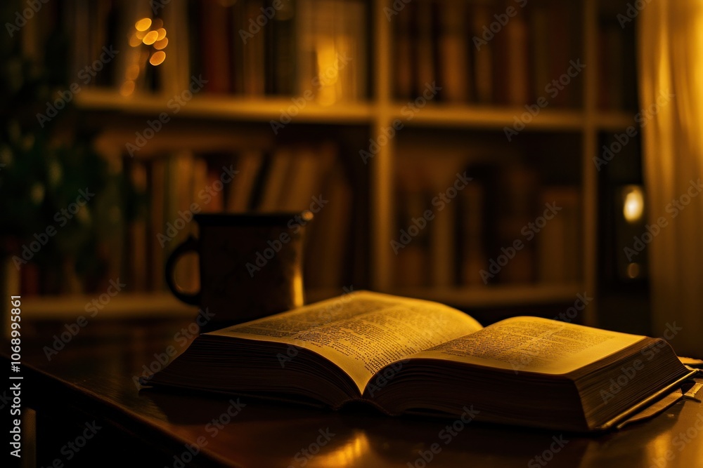 Poster a warm, inviting scene featuring an open book and a mug in soft lighting.