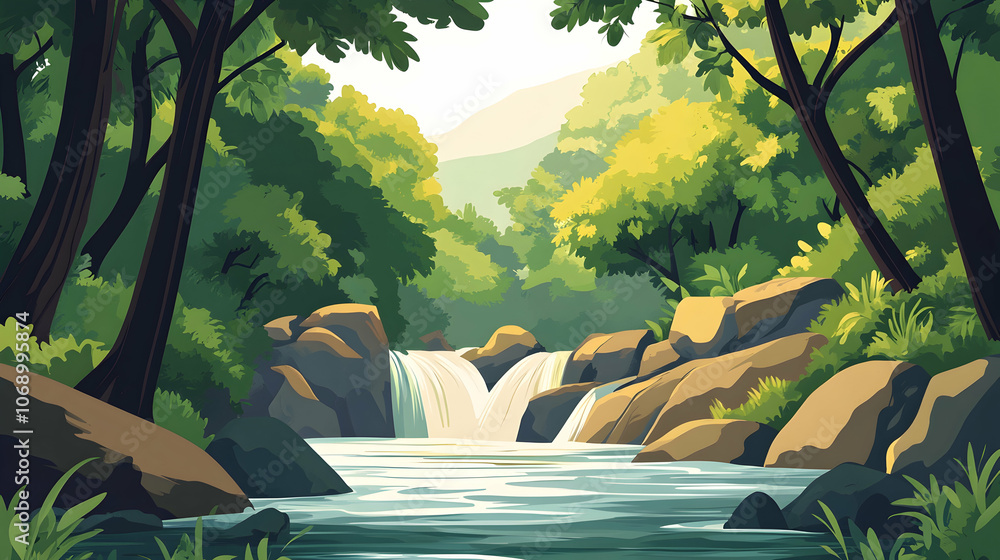 Poster lush green forest with a cascading waterfall and a clear stream.