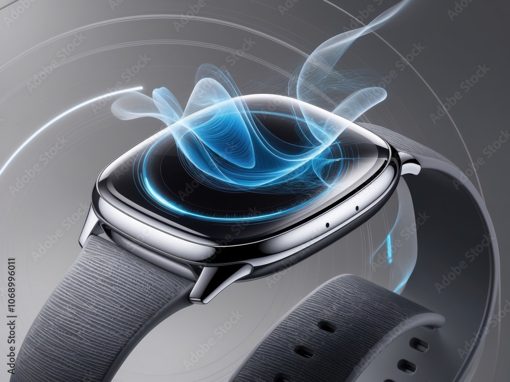 Poster a closeup view of a futuristic smartwatch featuring advanced holographic display and sleek design