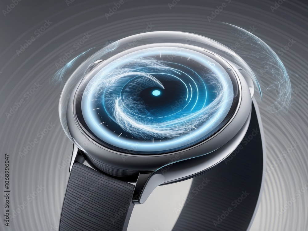 Poster a closeup view of a futuristic smartwatch featuring advanced holographic display and sleek design