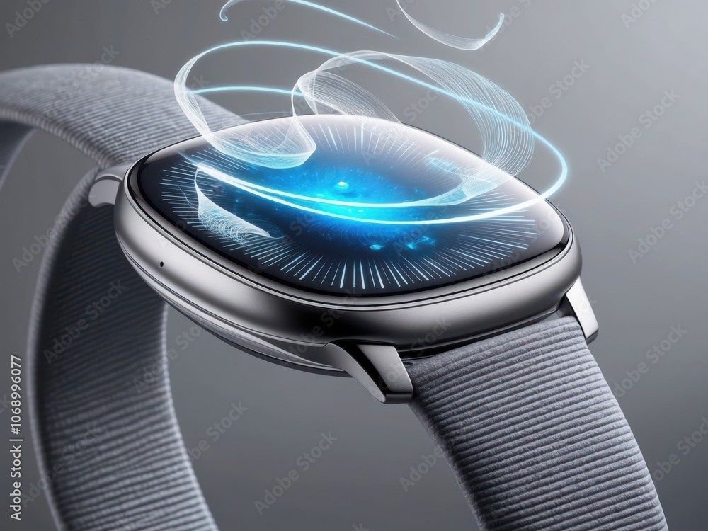 Poster a closeup view of a futuristic smartwatch featuring advanced holographic display and sleek design