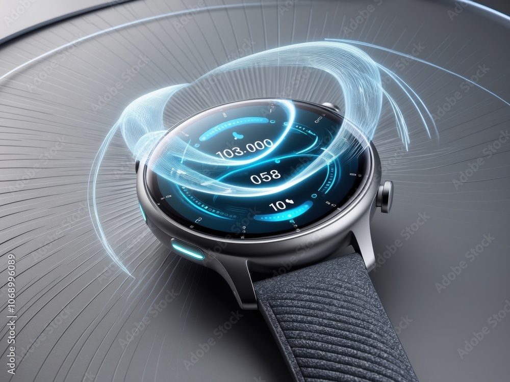 Poster a closeup view of a futuristic smartwatch featuring advanced holographic display and sleek design