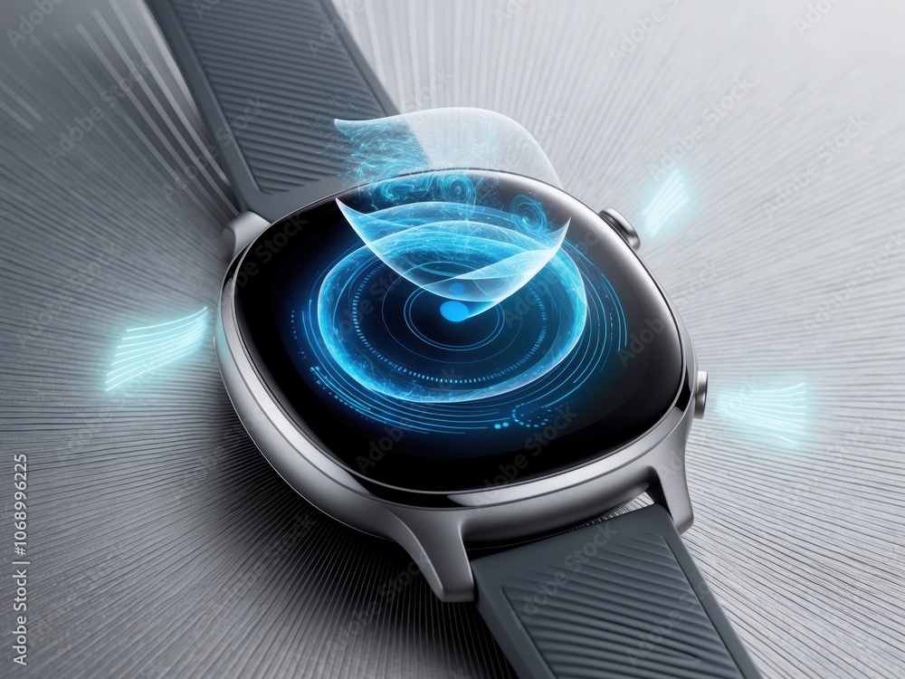 Poster a closeup view of a futuristic smartwatch featuring advanced holographic display and sleek design
