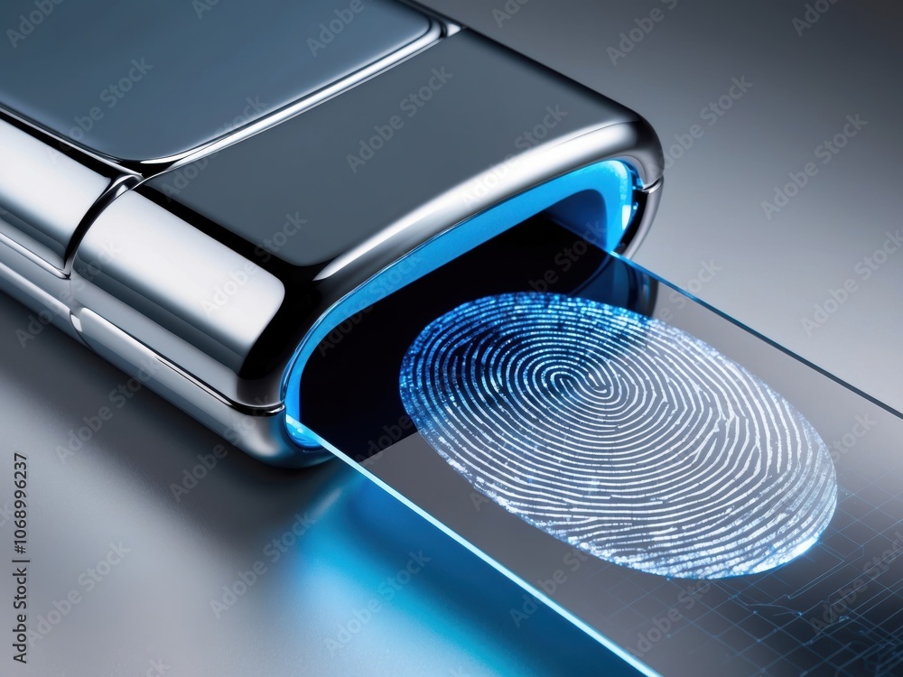 Poster macro shot of a sleek futuristic biometric fingerprint scanner for secure identification