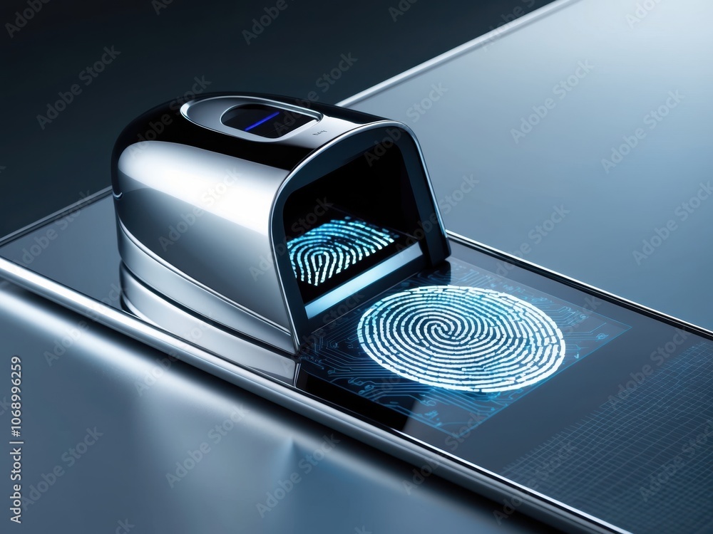 Poster macro shot of a sleek futuristic biometric fingerprint scanner for secure identification