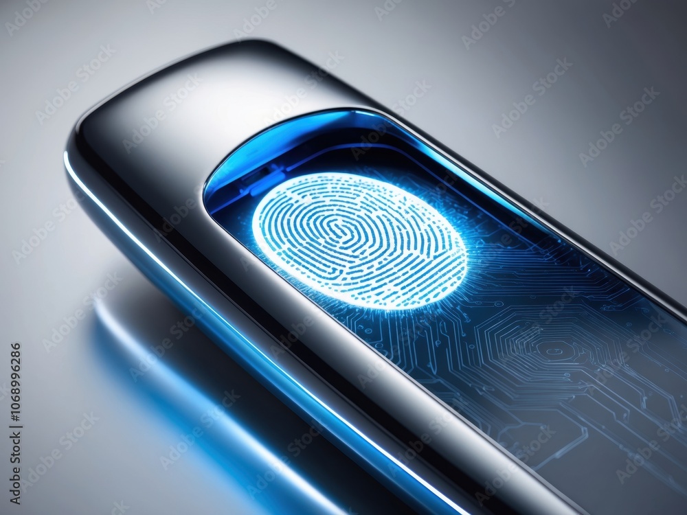 Poster macro shot of a sleek futuristic biometric fingerprint scanner for secure identification