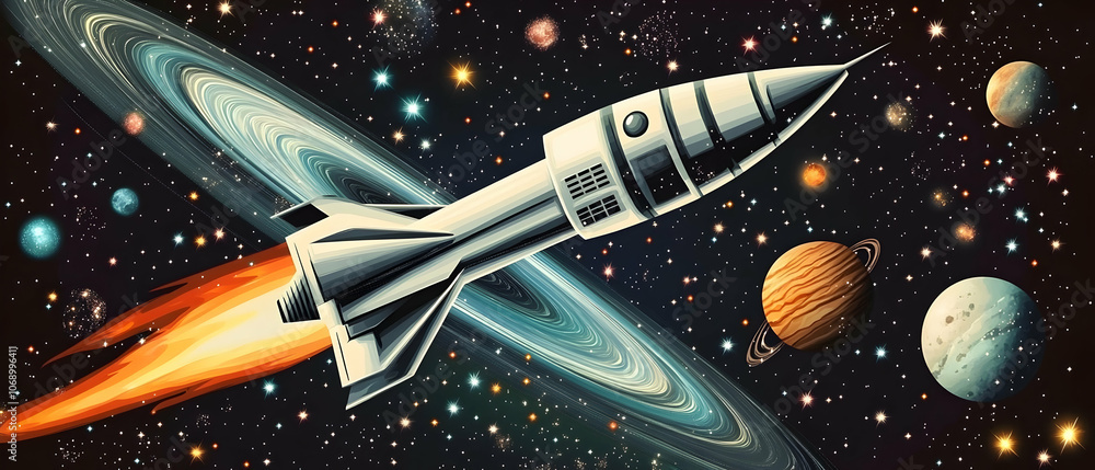 Aufkleber retro rocket ship soaring through space with planets and a ringed nebula in the background.