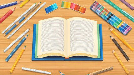 Open book on wooden table surrounded by colored pencils, rulers, and paint swatches.