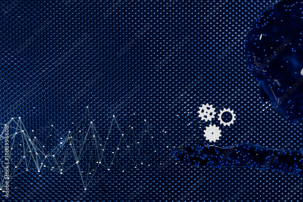 Poster abstract design featuring gears and a digital pattern, evoking themes of innovation and technology. 