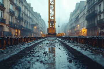 Fototapeta premium Wet Road Surface with Blurred Cityscape and Crane in Background