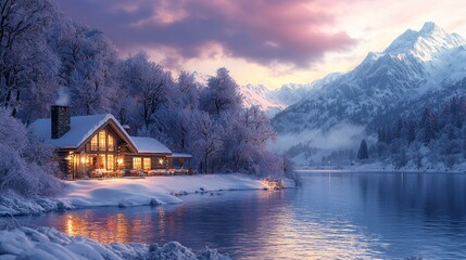 Fototapeta premium Discover the tranquility of a snow-covered cabin by the serene mountain lake at dusk