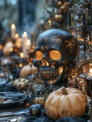 Skull sitting on a table with candles and decorations