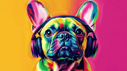 Colorful Frenchie with Headphones