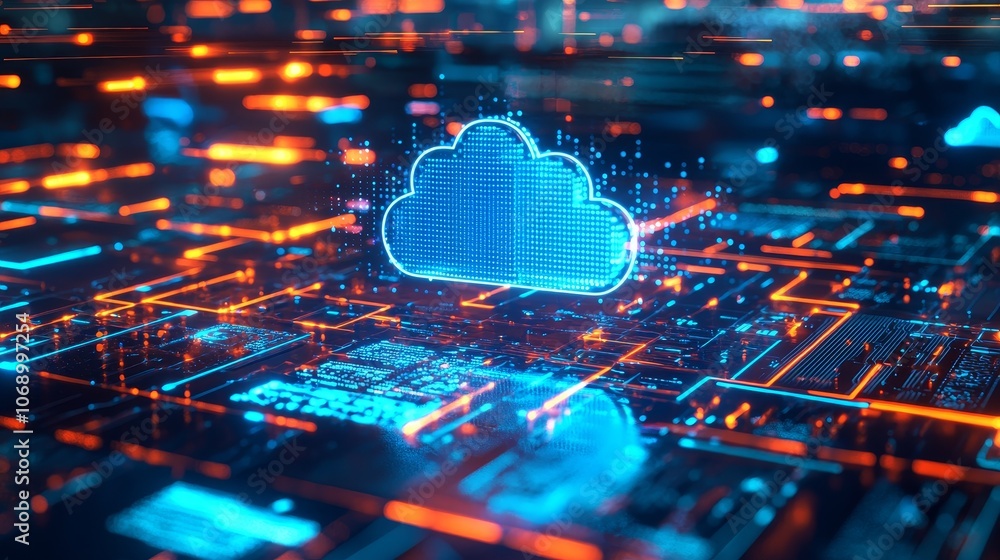 Leinwandbilder abstract motion of digital data flow in a futuristic web hologram with cloud icon, blue golden light