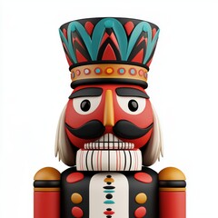A colorful nutcracker figure with a decorative hat, traditional attire, and an expressive face, embodying festive holiday spirit.