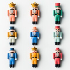 Fototapeta premium Colorful nutcracker figurines arranged in a grid, showcasing various designs and vibrant colors, perfect for holiday decor.