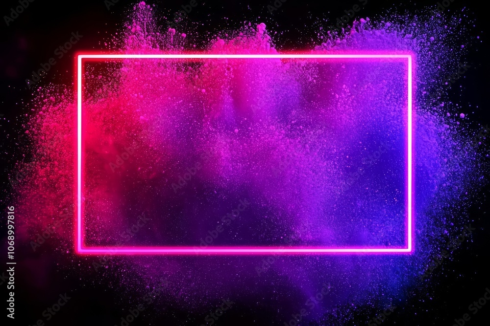 Poster abstract color splash with neon frame for wallpaper design. colorful dust explode. paint splash on w