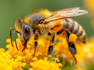 A close-up of a bee gathering pollen from vibrant yellow flowers, showcasing intricate details of its body and wings.