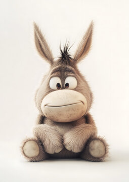 A cute, fluffy donkey with a dopey expression sitting on the floor. 