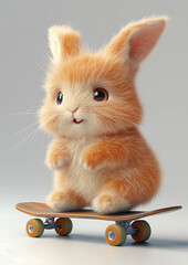 A chubby, cute, and fluffy rabbit with a dopey-looking expression sits on a skateboard