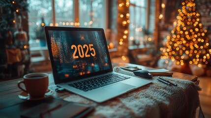 New Year Celebration with Laptop and Festive Decor