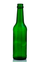 Empty glass bottle, green beer container isolated on white