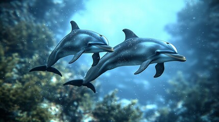 Explore the graceful movements of dolphins swimming together in their ocean habitat