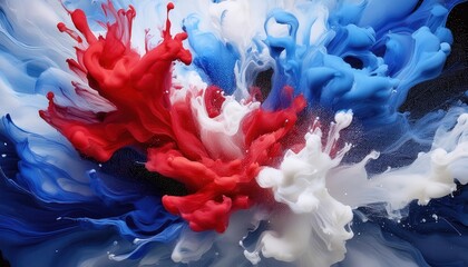 Obraz premium Dynamic Splash of Red, White, and Blue Paint Explosions Representing American Patriotism, Energy, and Creativity. Ideal for Fourth of July, Memorial Day, and Bold Advertising Concepts