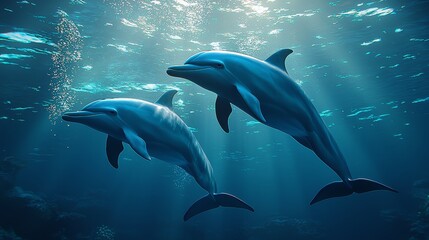 Fototapeta premium Explore the underwater world and discover the fascinating lives of dolphins swimming together