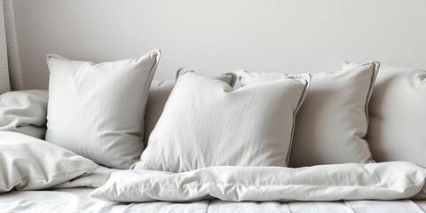 Assortment of stylish cushions in various shades of grey on a neutral background, accents, cozy
