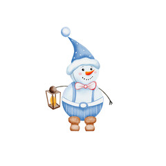Christmas snowman in a Santa hat, with a lantern in his hands and pants. cute children's New Year character, hand drawn in watercolor. Isolated on a white background. Cartoon style. For design