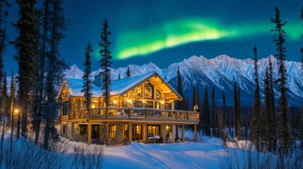 Fototapeta premium Cozy Cabin Under Northern Lights in Winter Landscape